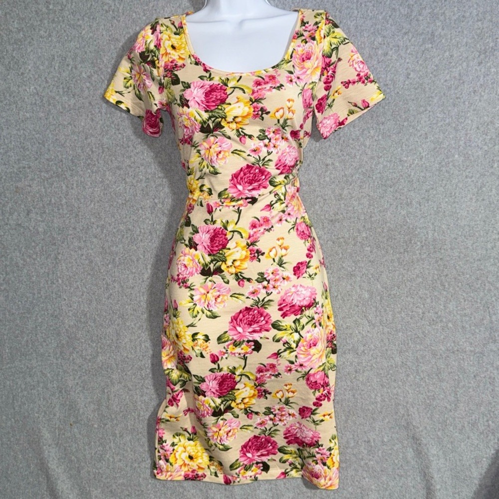 Tam Ware Women Floral Print Bodycon Dress Short Sleeve Scoop Neck Beige Pink L